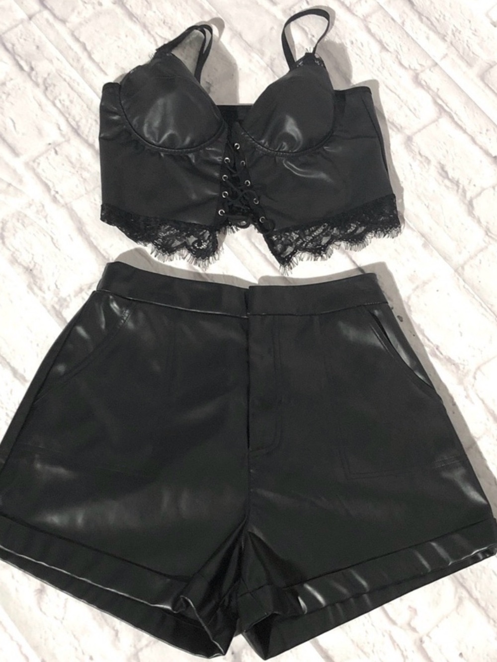 EASEL Black Faux Leather Women Shorts NWT size SM w/  Medium tank bikini top set